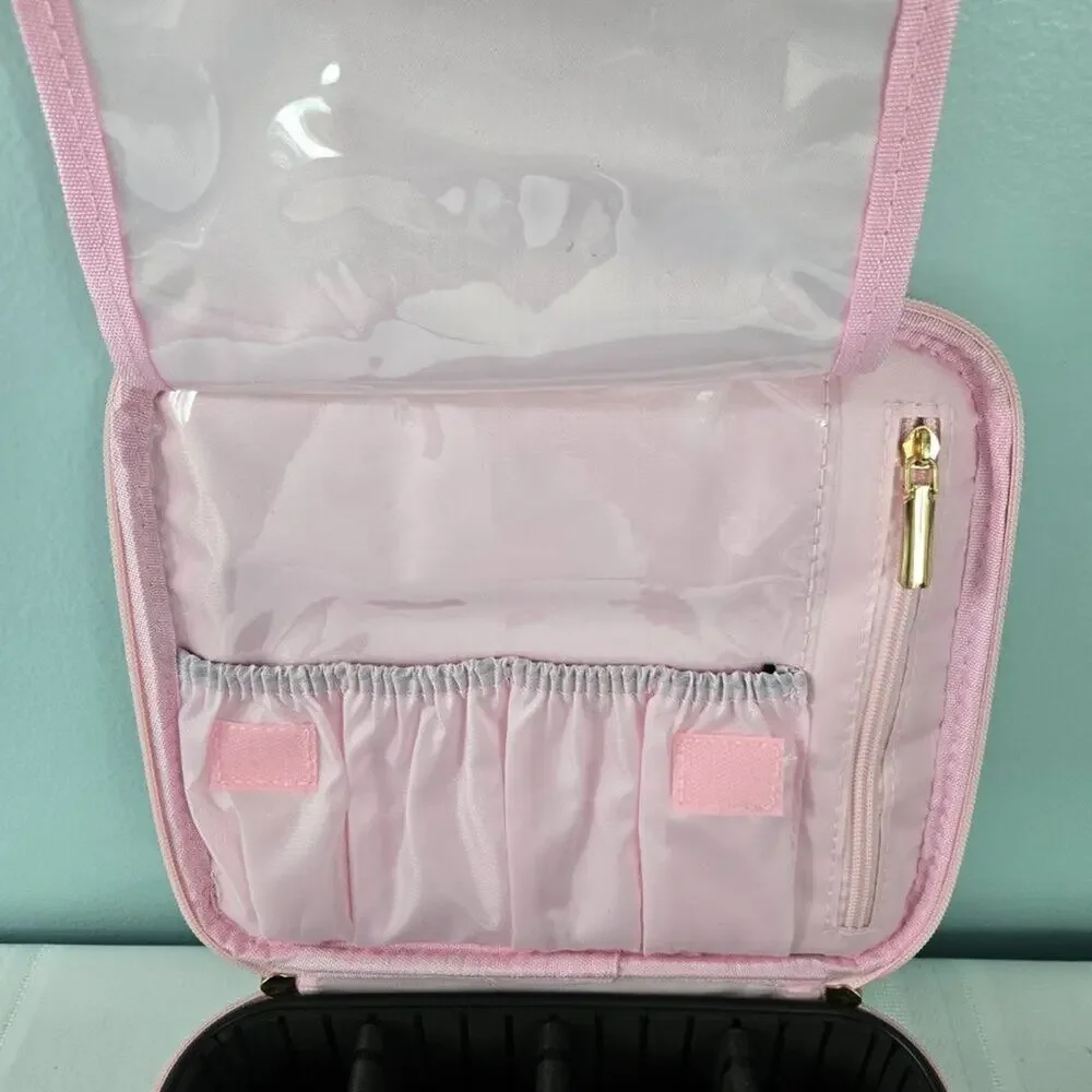 Makeup Cosmetic Case with Moveable Dividers Zipper & Pouches Pink w/Daisies